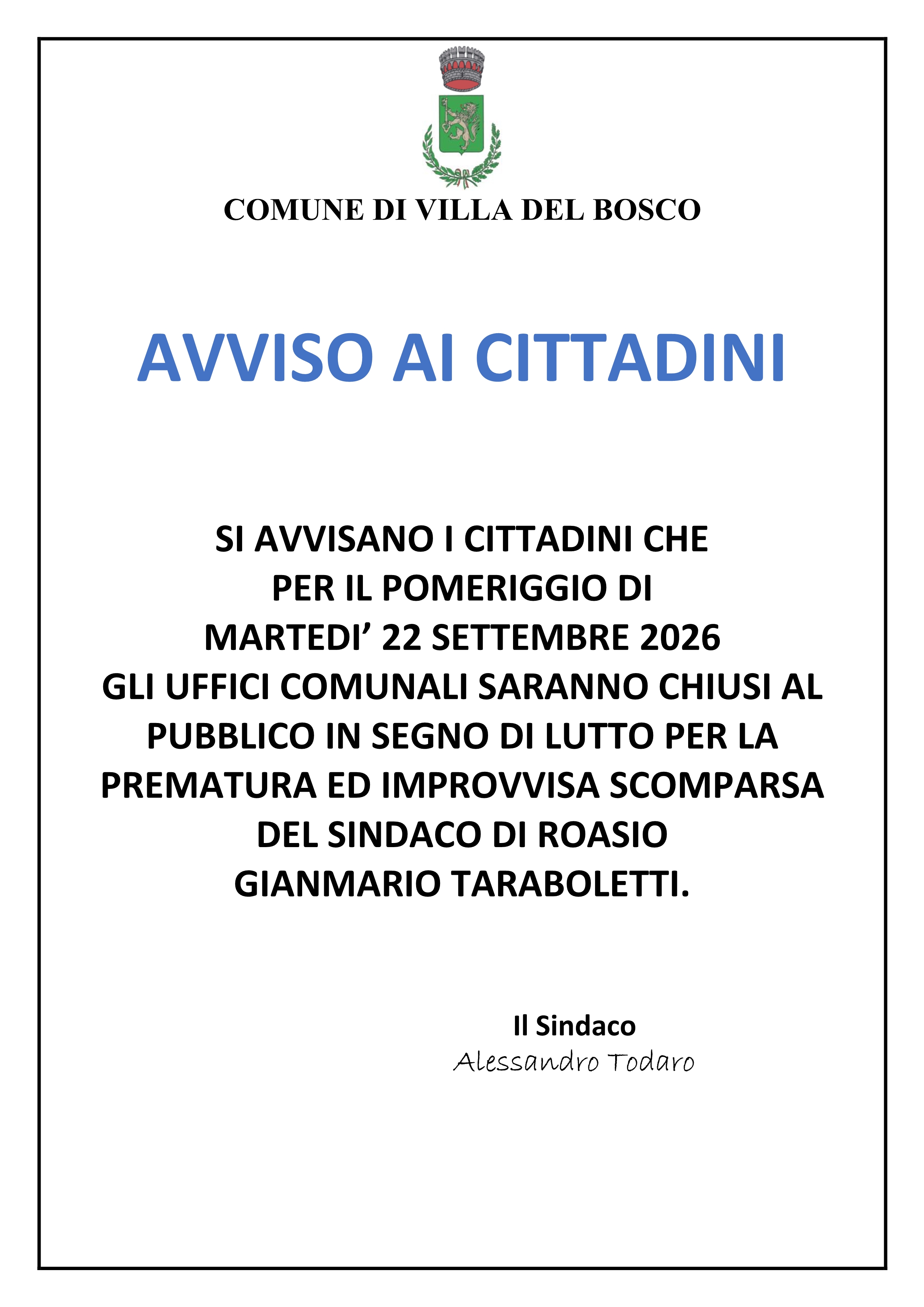 Chiusura uffici comunali martedì pomeriggio 22 settembre