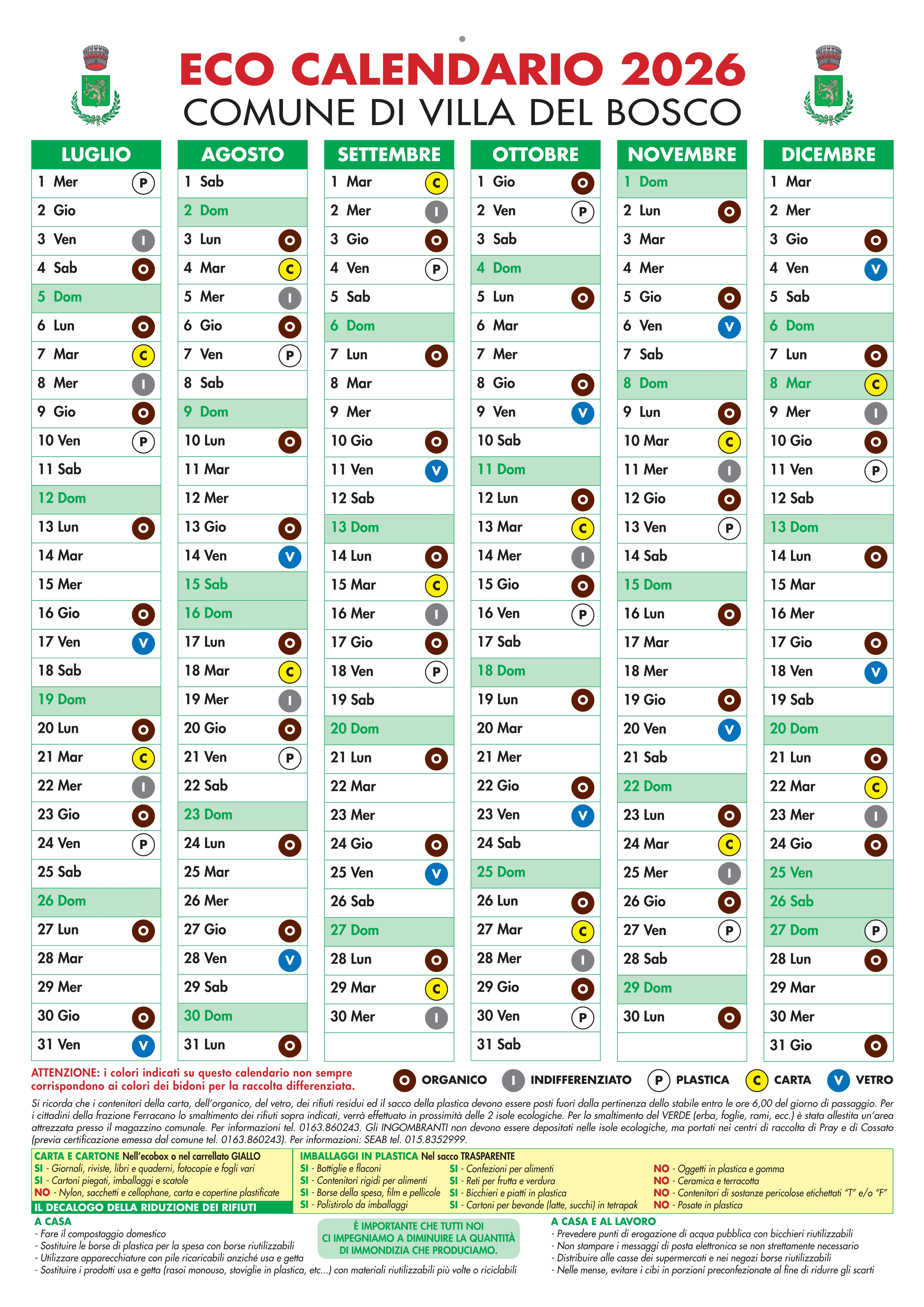 Calendario rifiuti secondo semestre 2026