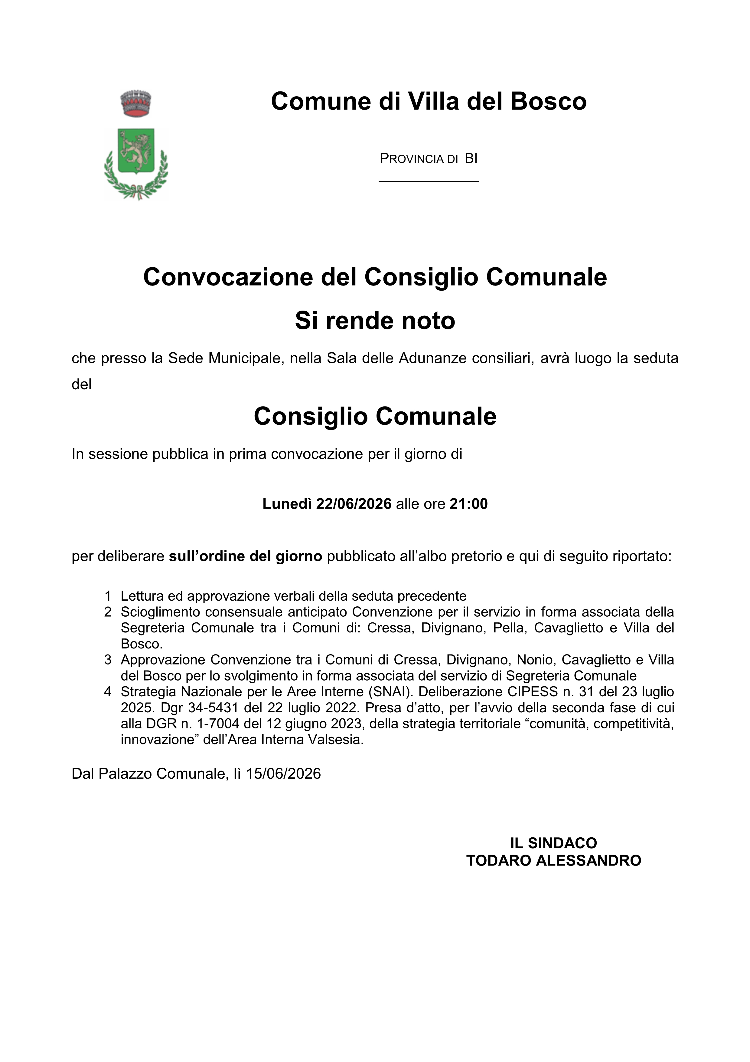 Convocazione del Consiglio Comunale - lunedì 22 giugno ore 21,00