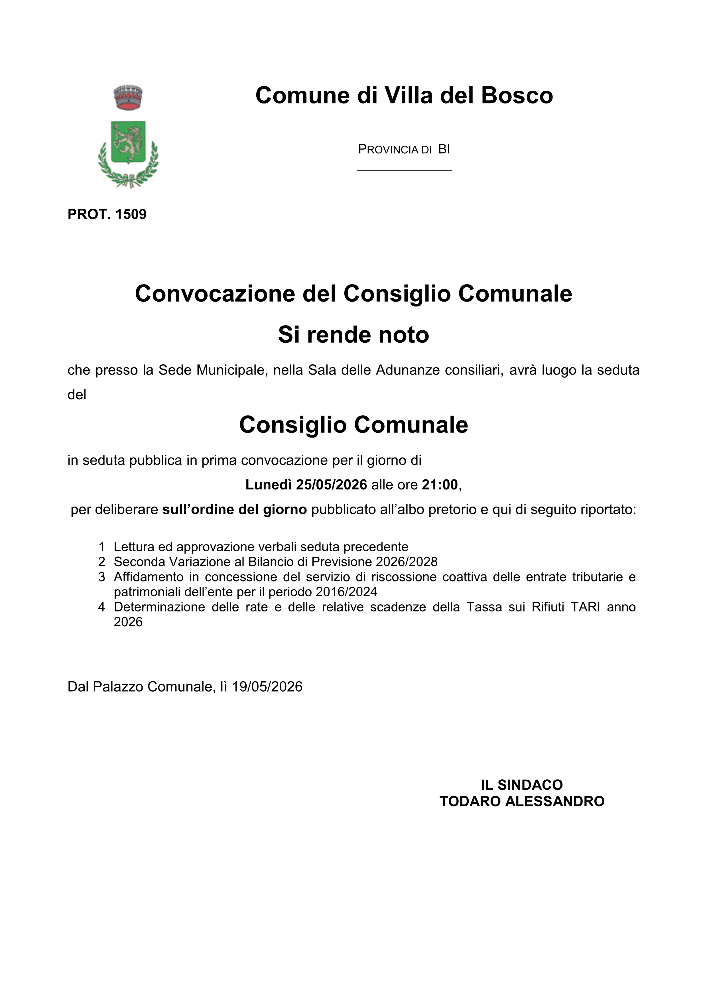 Convocazione Consiglio Comunale