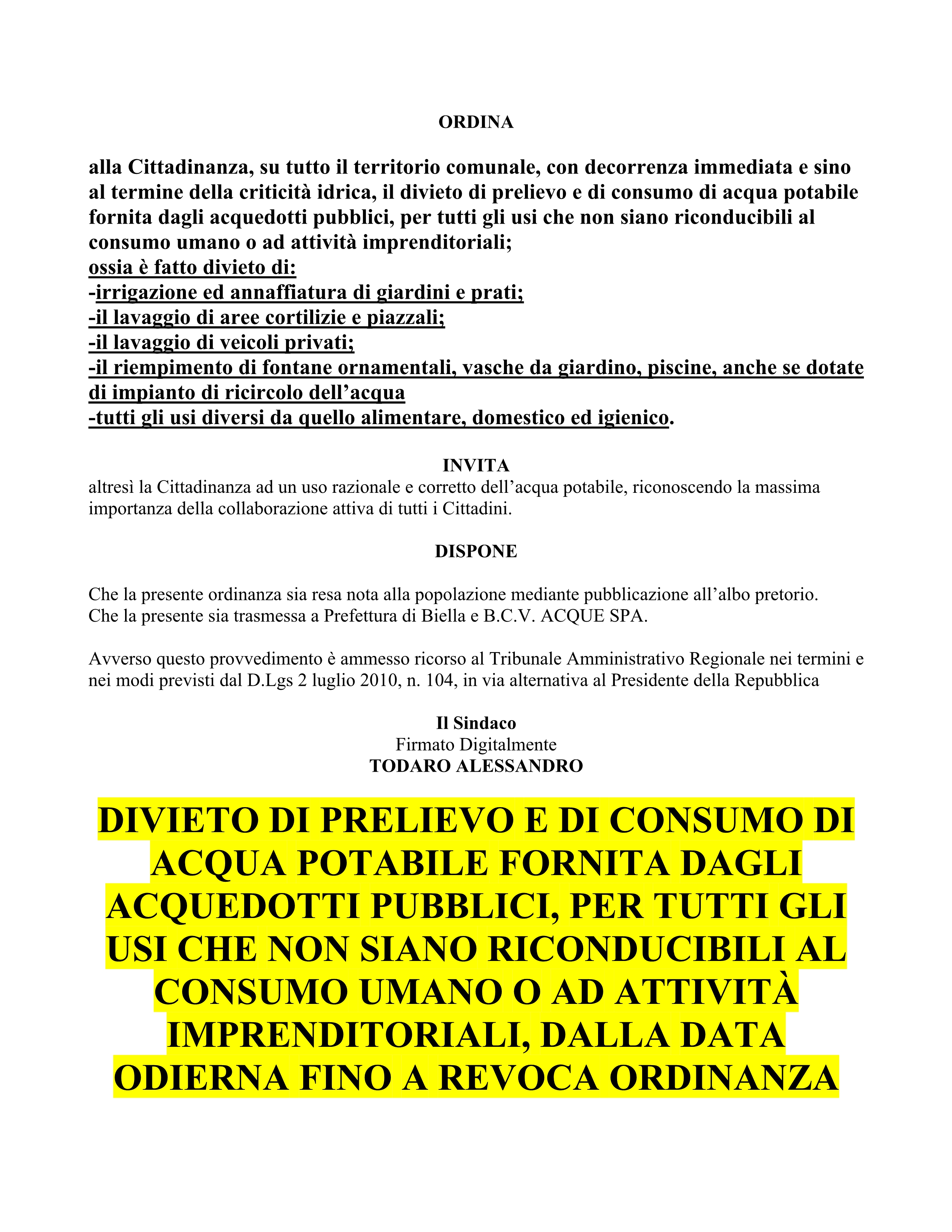 Ordinanza emergenza idrica