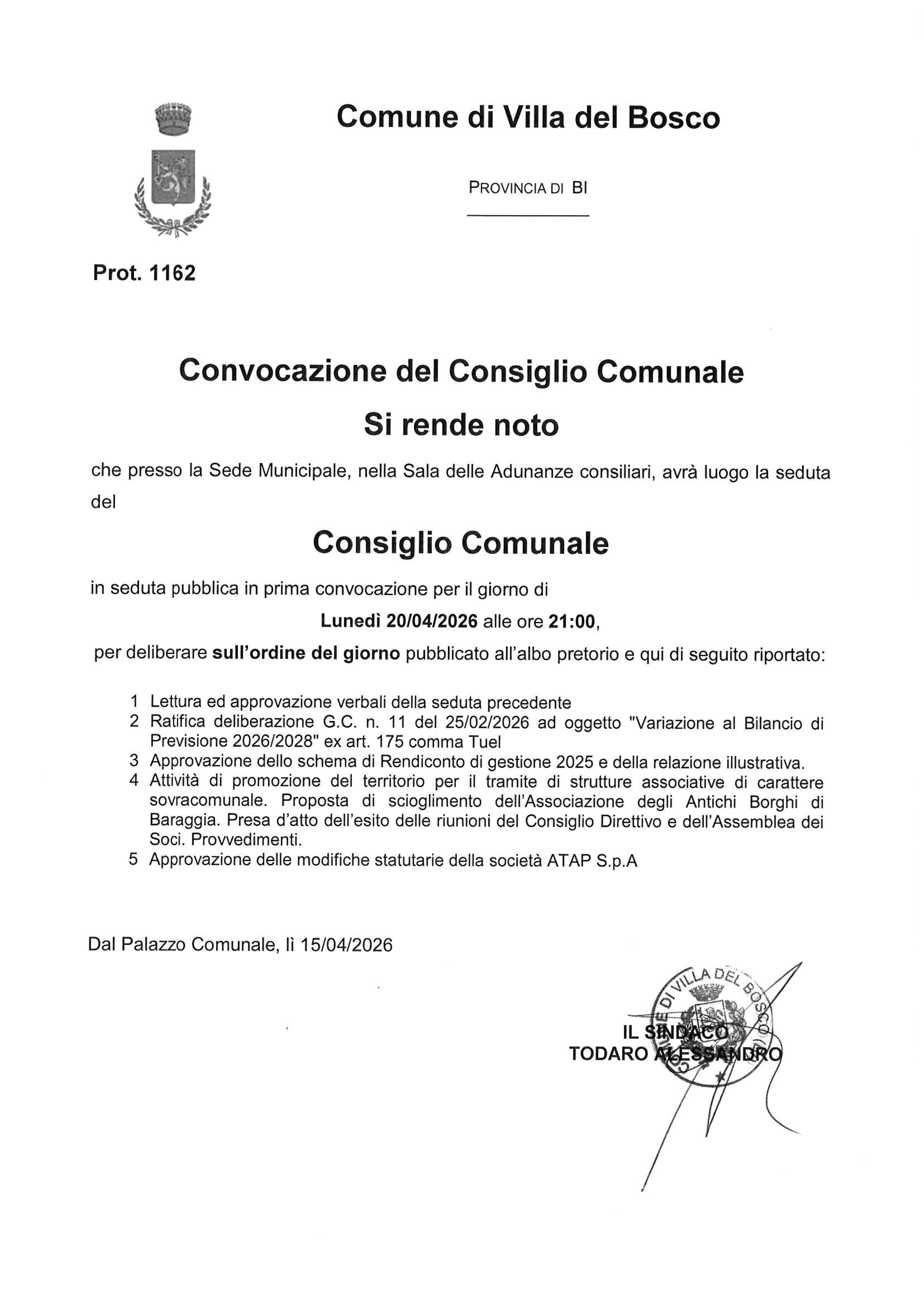 Avviso di convocazione del Consiglio Comunale - lunedì 20 aprile ore 21,00