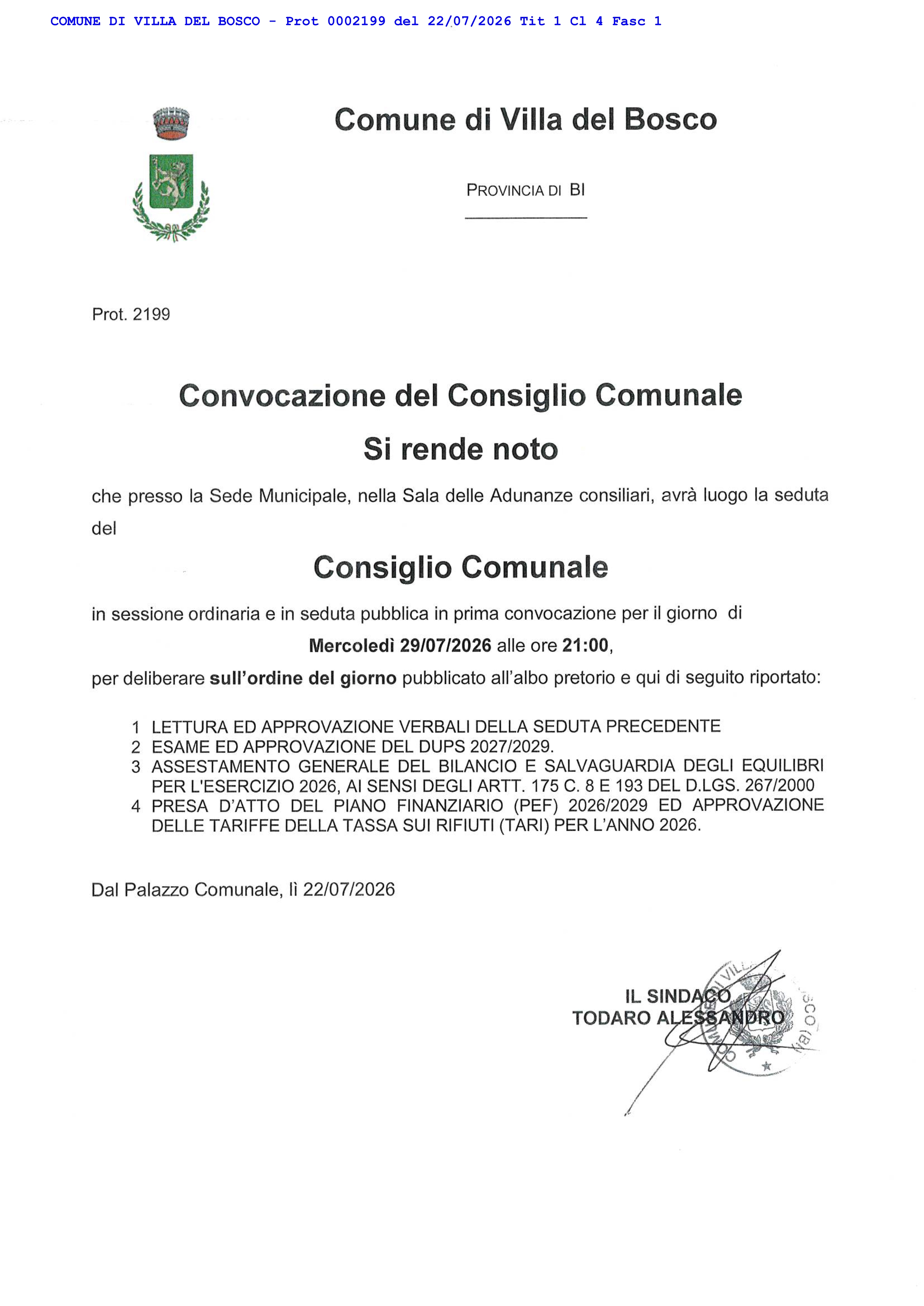 Consiglio Comunale di mercoledì 29 luglio ore 21,00