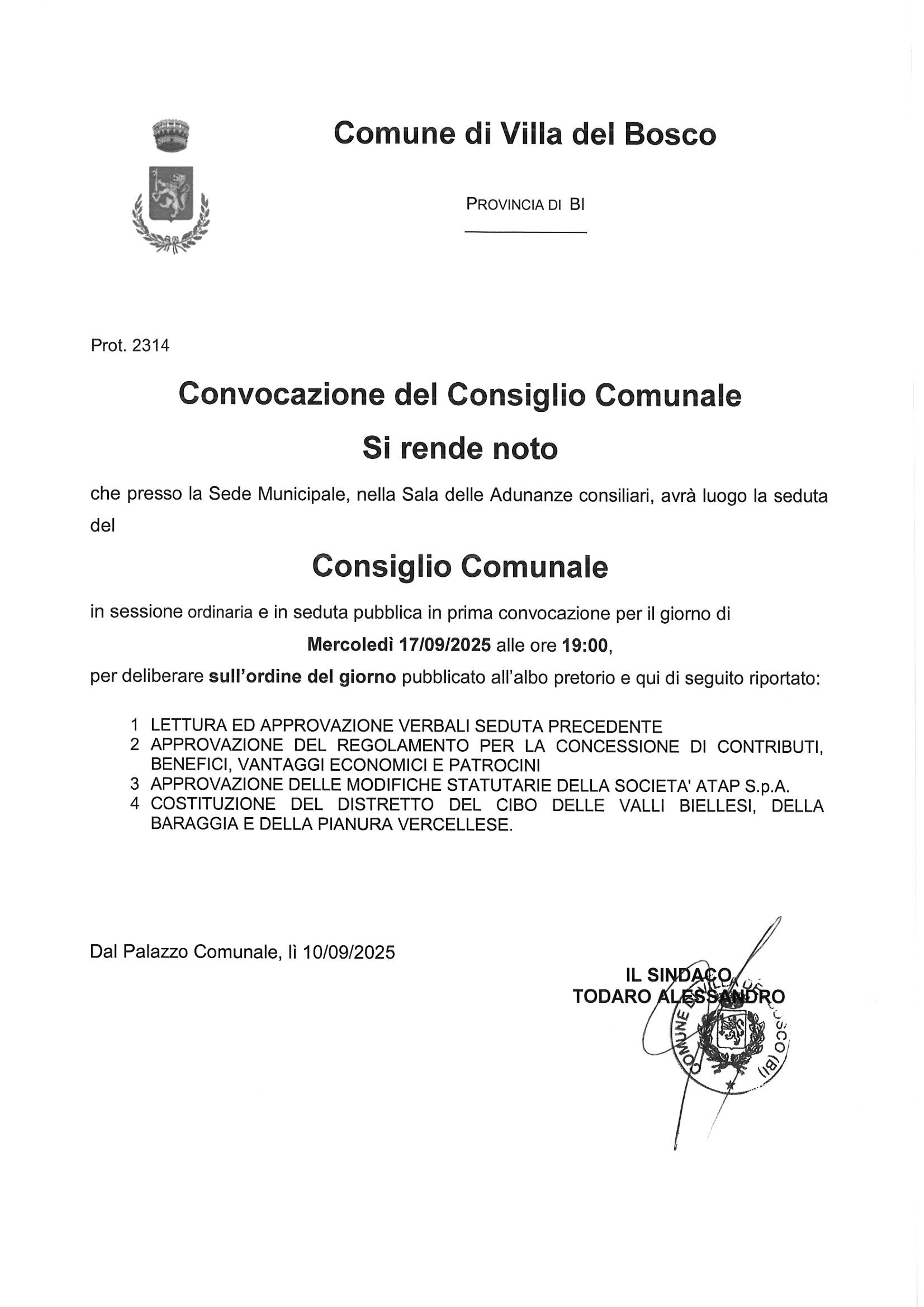 Convocazione Consiglio Comunale