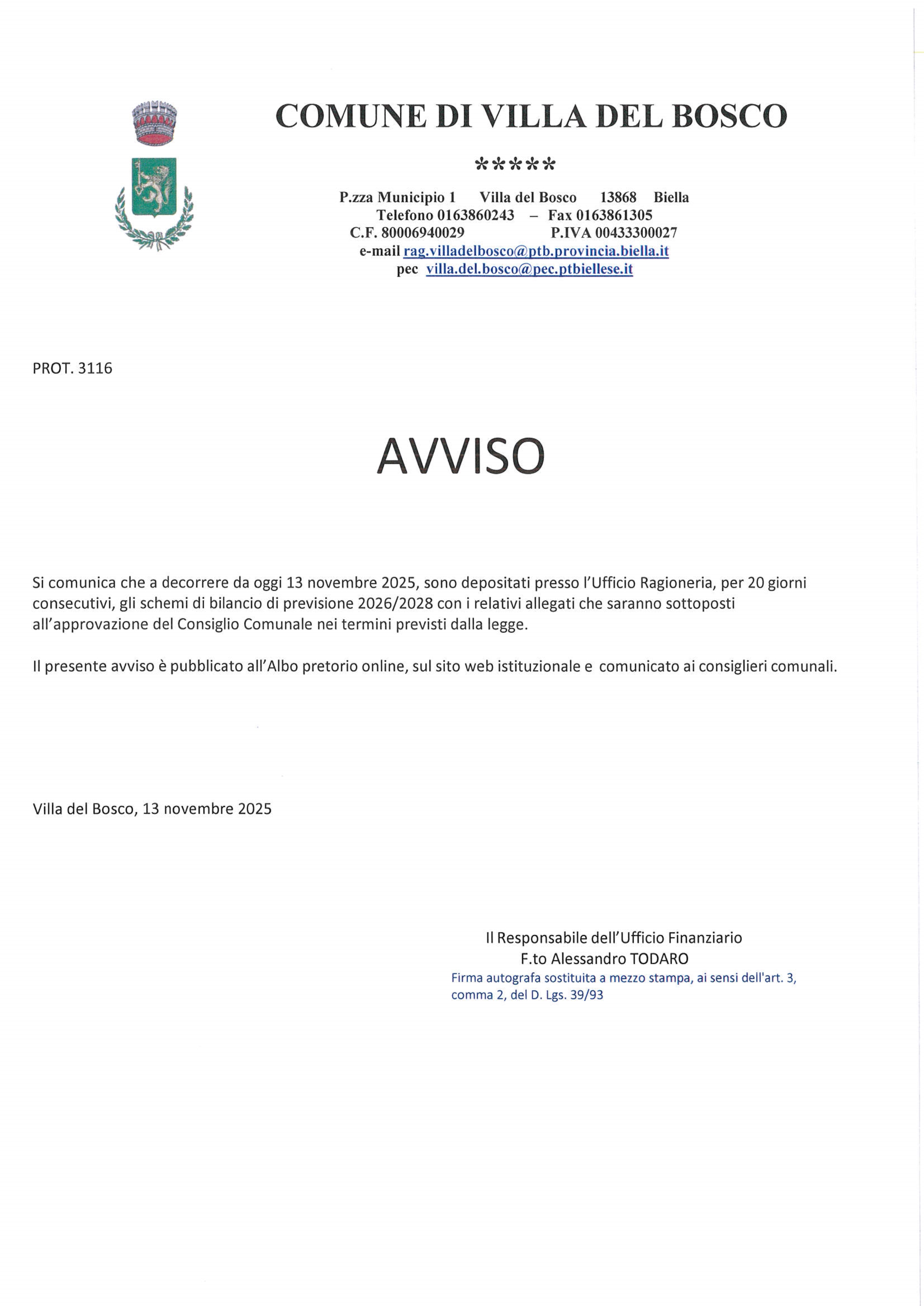 Avviso di deposito schema di bilancio di previsione 2026/2028 e relativi allegati