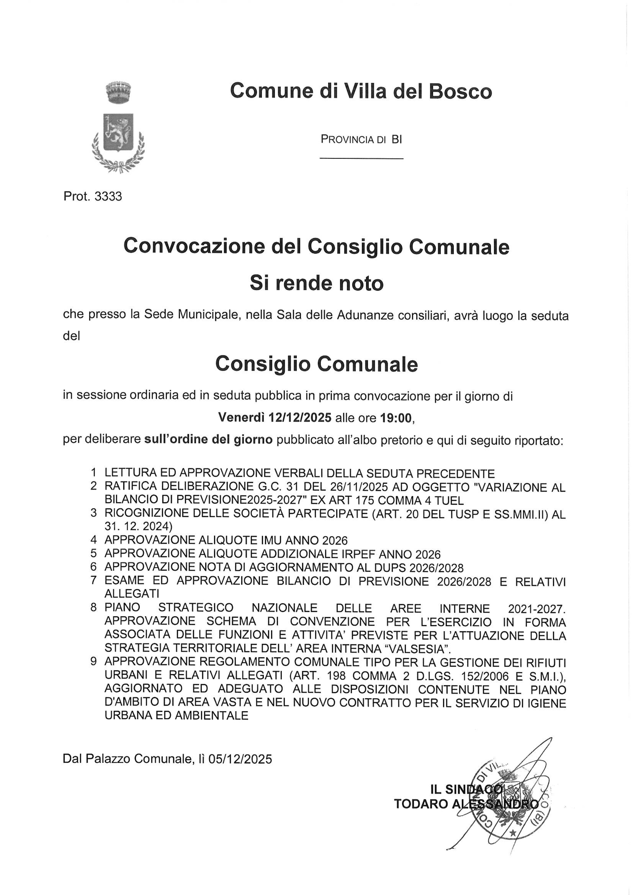 Avviso di convocazione Consiglio Comunale