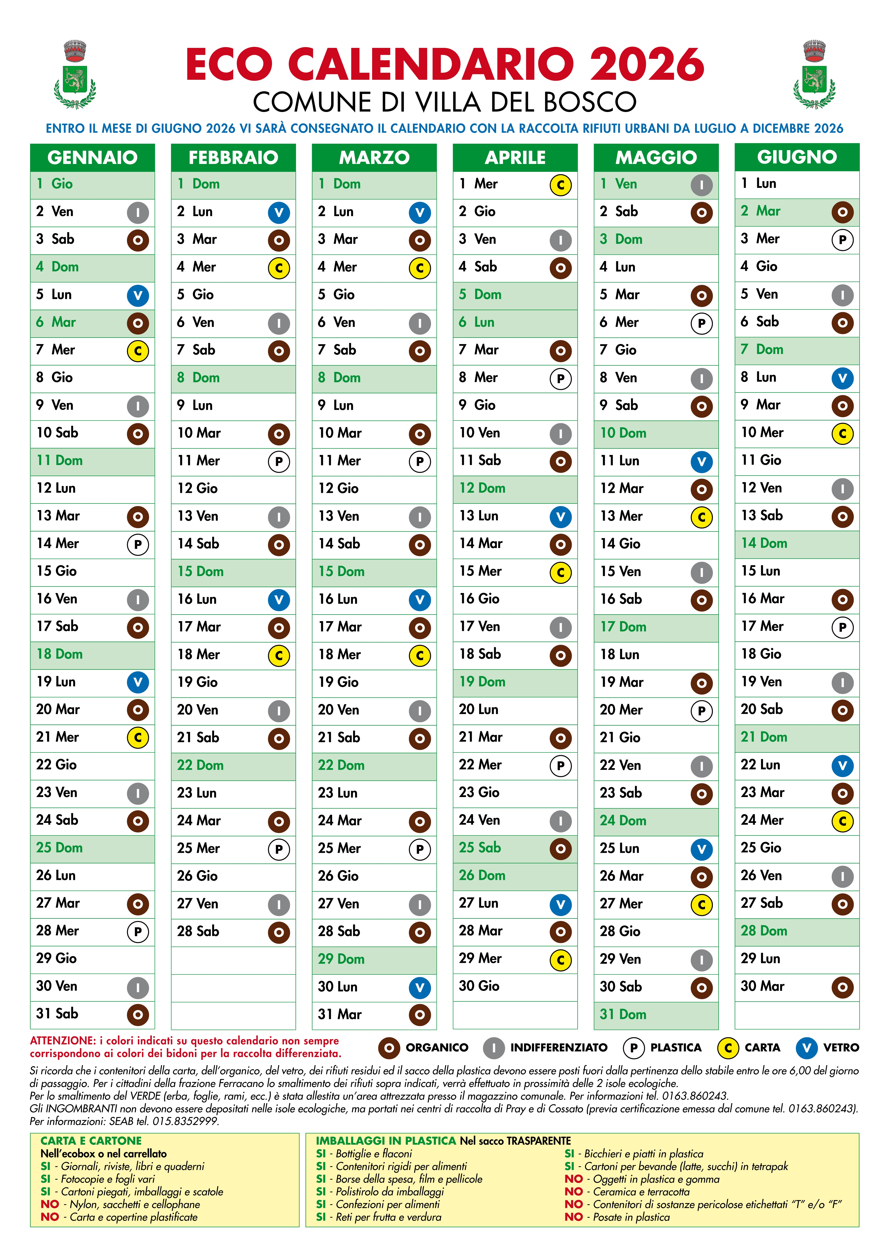 Nuovo calendario raccolta rifiuti primo semestre 2026